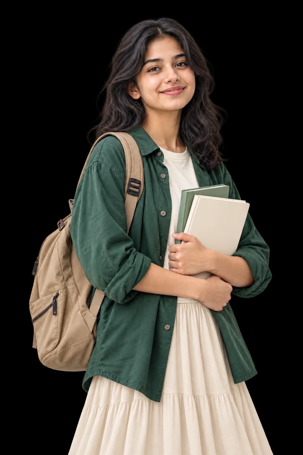 A smiling student holding her notebooks, ready for her next chapter